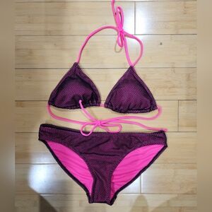 No Boundaries Neon Hot Pink Black Fishnet Bikini Swimsuit S Tie Top M Bottom Set